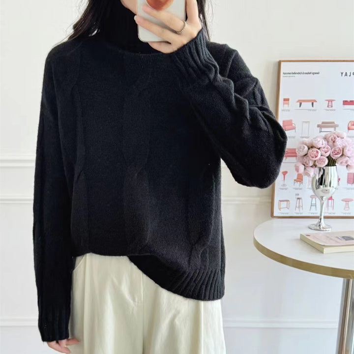 Damen Strickpullover mit hohem Kragen und Zopf-Muster Drune