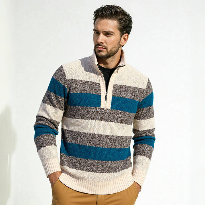 Herren modernes Strickpullover mit halbem Reißverschluss und Blockstreifen Drune