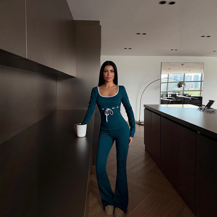 Damen eleganter Jumpsuit mit tiefem V-Ausschnitt und taillierter Silhouette Drune