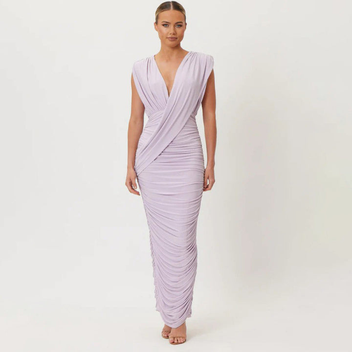 Damen elegantes Maxikleid mit raffiniertem Wickeldesign und Rüschendetails Drune
