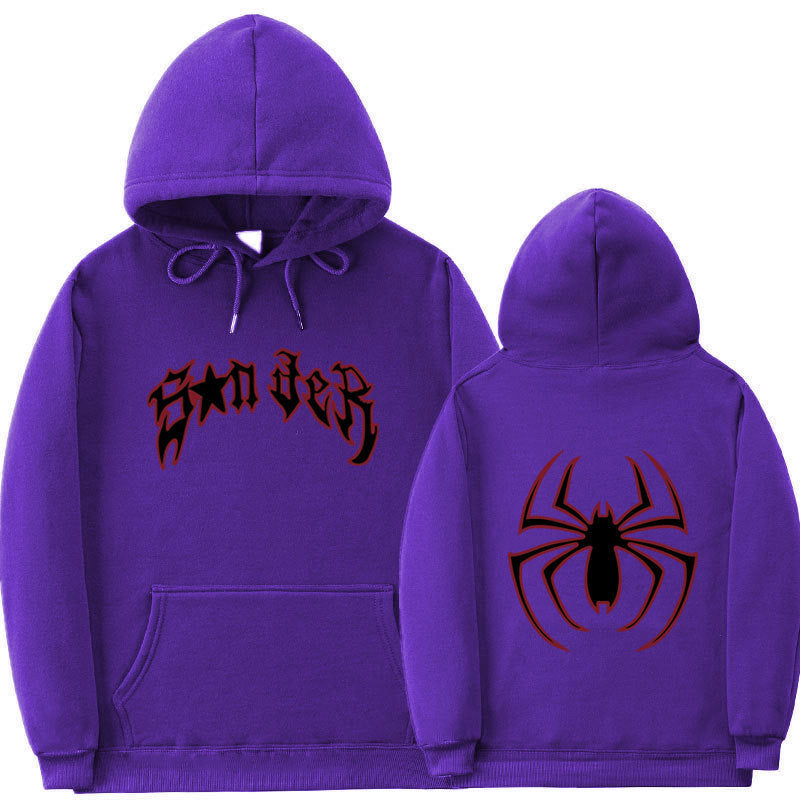 Damen Kapuzenpullover mit auffälligem Spinnenmotiv und grobem Schriftzug Drune