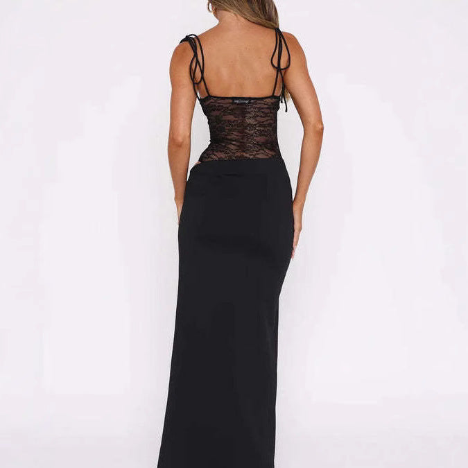 Damen nan Bandeau-Maxikleid mit transparentem Spitzenkorsett und knotbaren Spaghettiträgern Drune