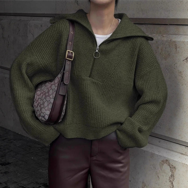 Damen Grober Strickpullover mit Stehkragen und Reißverschluss Drune