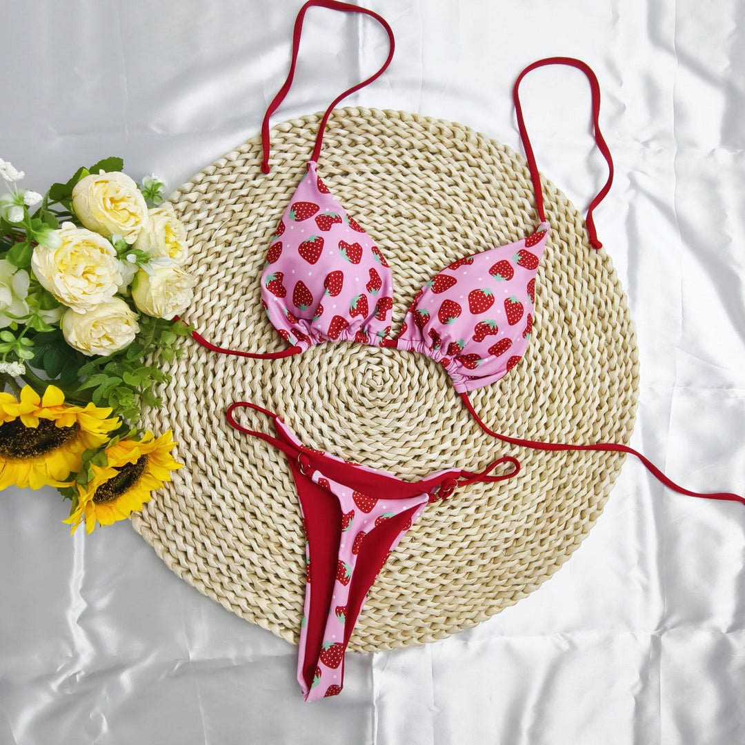 Damen Triangel-Bikini-Set mit fröhlichem Kirschmuster und verstellbaren Trägern Drune