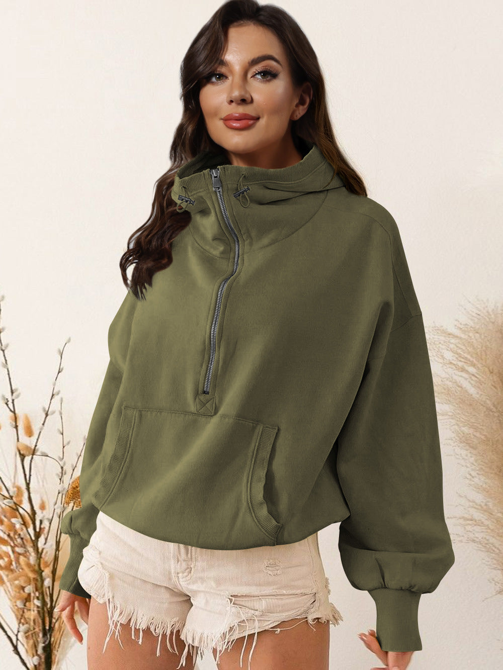 Damen sportlicher Kapuzenpullover mit halbem Reißverschluss und funktionalen Taschen Drune