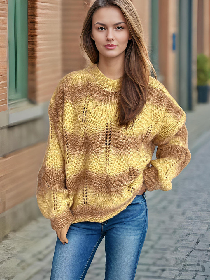 Damen lässiger Strickpullover mit modernem Lochmuster und voluminösen Ärmeln Drune
