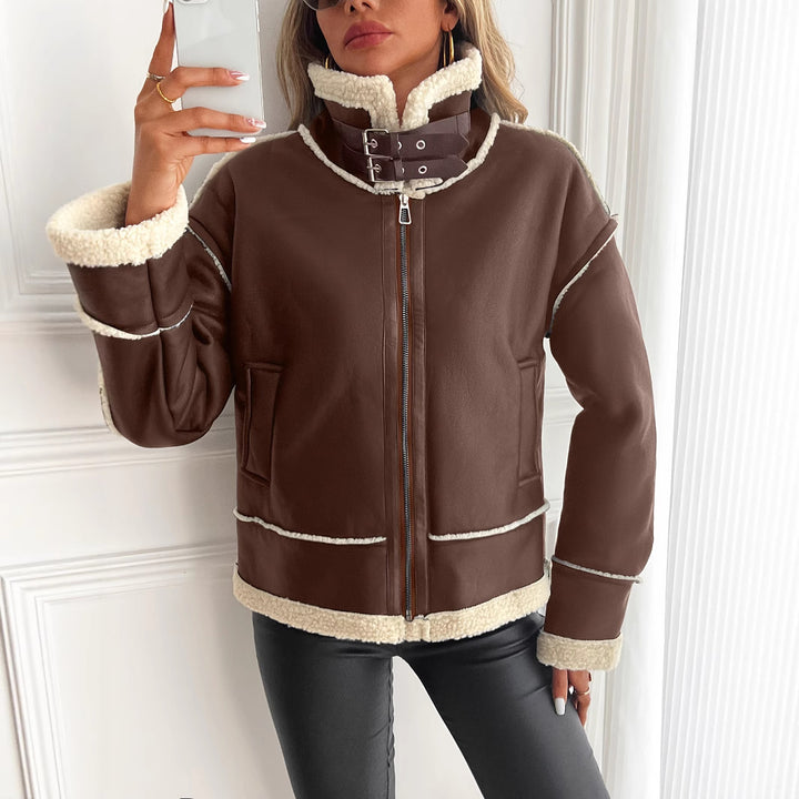Damen stylische Kunstlederjacke mit Schaffellkragen Drune