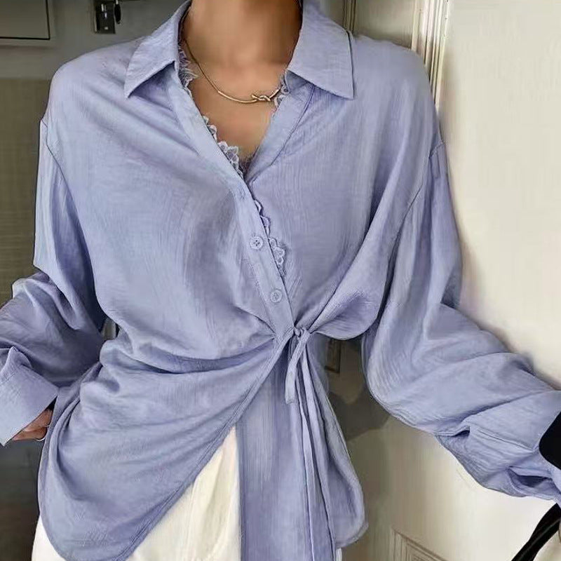 Damen Elegante Bluse mit Knoten-Detail und Rüschensaum Drune
