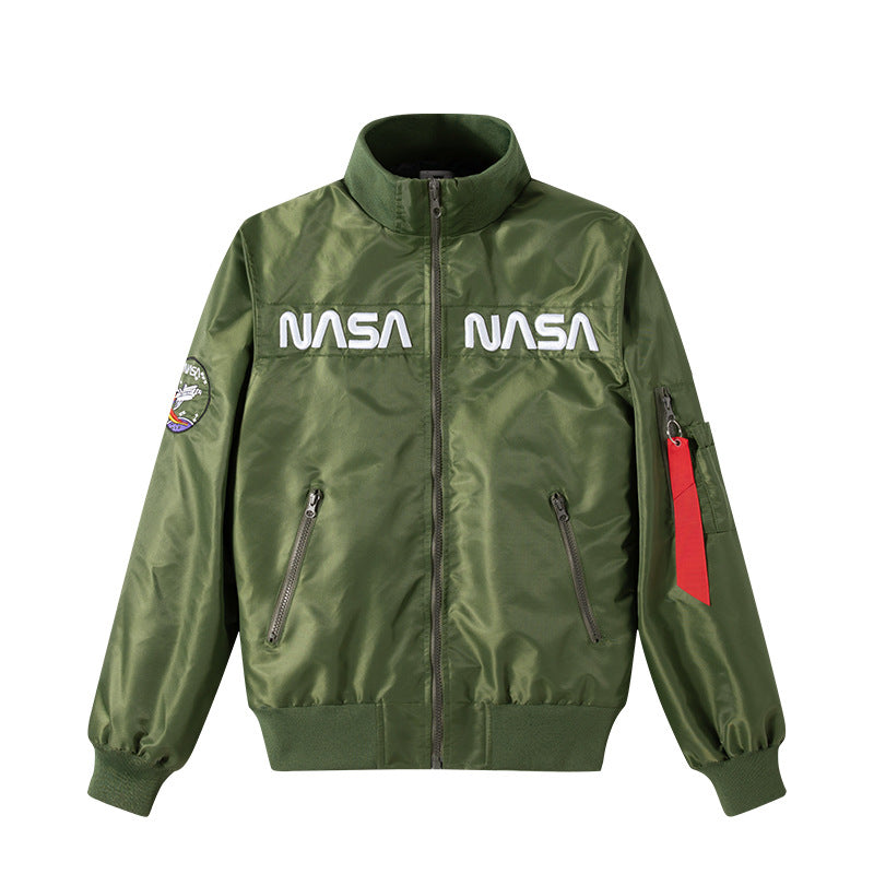 Herren o-Glanz-Technik-Bomber mit gestickten NASA-Brustpaneelen und Ärmeltasche Drune