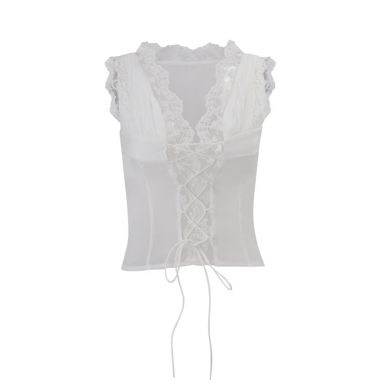 Damen Spitzen-Corsage mit Schnürung und Volantärmeln Drune