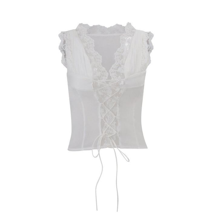 Damen Spitzen-Corsage mit Schnürung und Volantärmeln Drune
