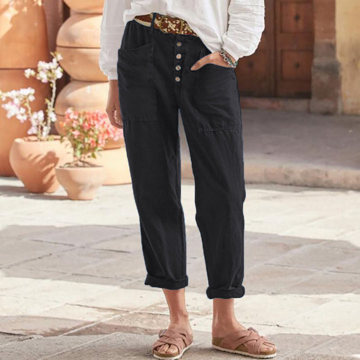 Damen nan Leinen-Baumwoll-Loungehose mit weitem Schnitt, hoher Bund und aufgesetzten Taschen Drune