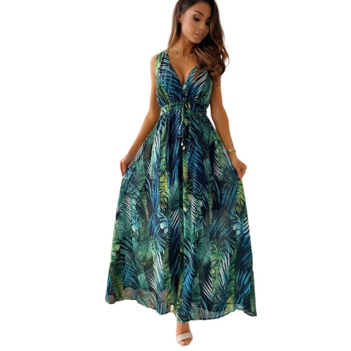 Damen Maxikleid mit floralen Mustern und tailliertem Oberteil Drune