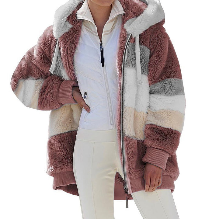 Damen nan kuschelige Oversize Kunstpelzjacke mit Kapuze, Blockstreifen und Rippbündchen Drune