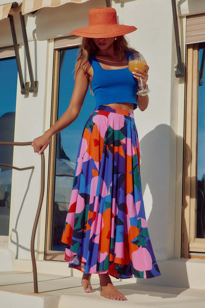 Damen Maxi-Rock mit buntem Blumendesign und fließendem Fall Drune