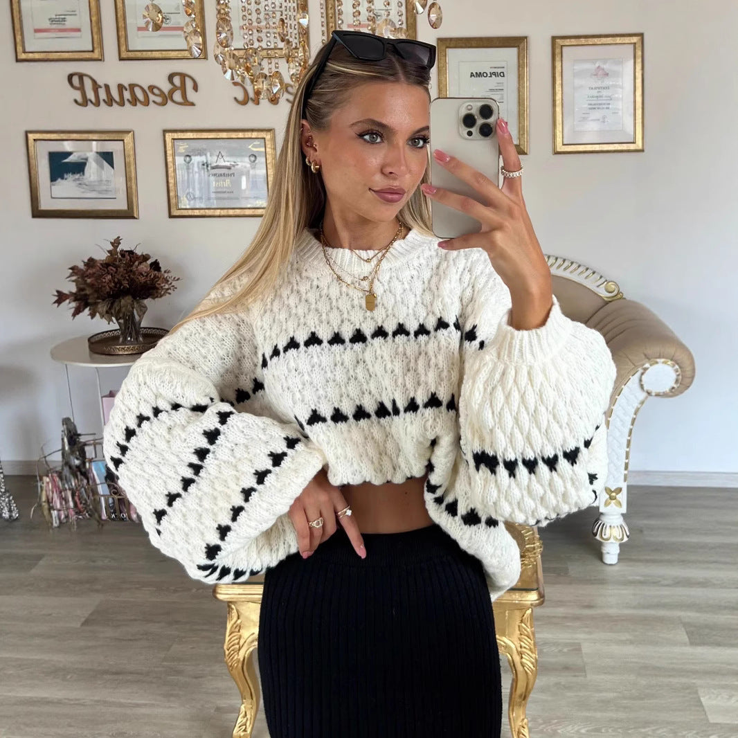 Damen eleganter Strickpullover mit weiten Ärmeln und grafischem Muster Drune