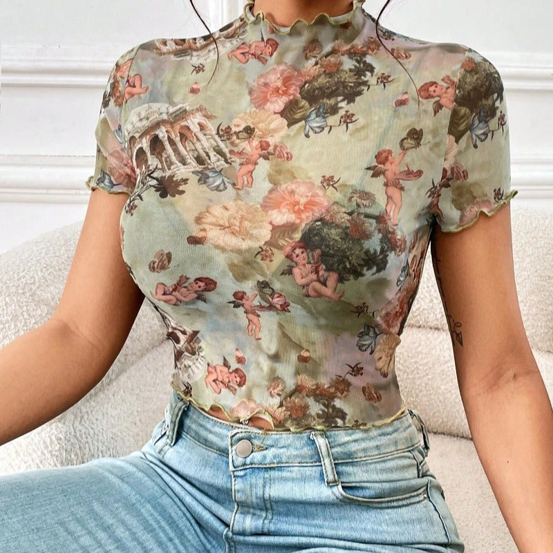 Damen Kurzarmshirt mit kunstvollem Print und modischem Schnitt Drune