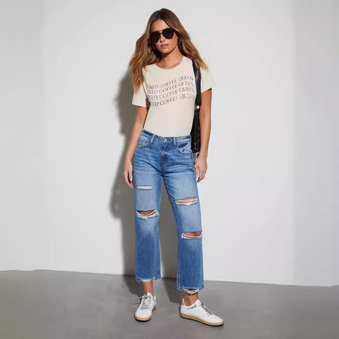 Damen Destroyed Jeans im modischen Bootcut-Stil Drune