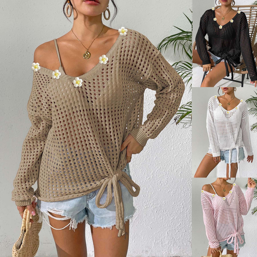 Damen luftiger Strickpullover mit floralem Dekor Drune