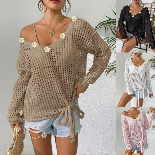 Damen luftiger Strickpullover mit floralem Dekor Drune