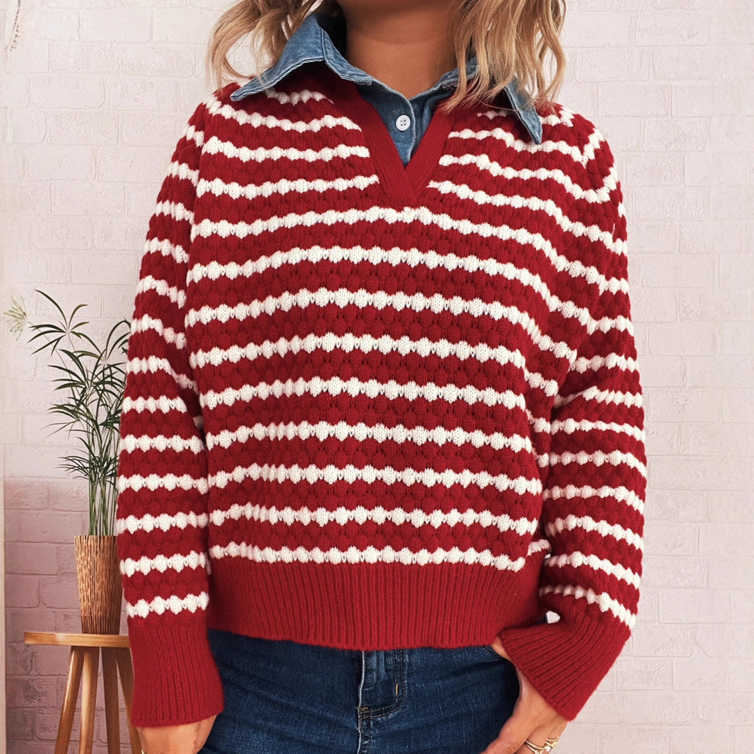 Damen Strickpullover mit tiefem V-Ausschnitt und markantem Streifenmuster Drune