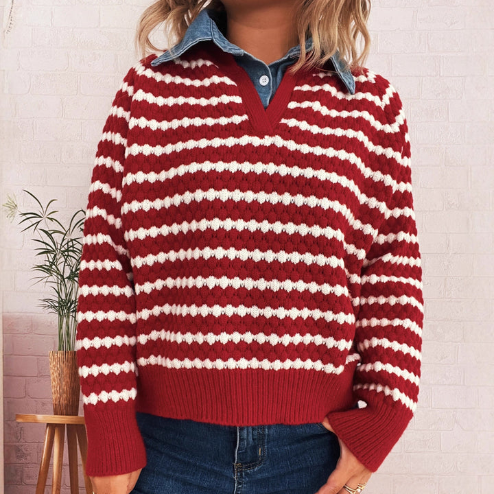 Damen Strickpullover mit tiefem V-Ausschnitt und markantem Streifenmuster Drune