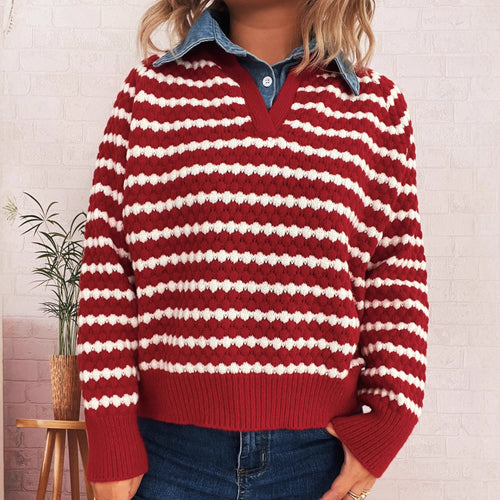Damen Strickpullover mit tiefem V-Ausschnitt und markantem Streifenmuster Drune