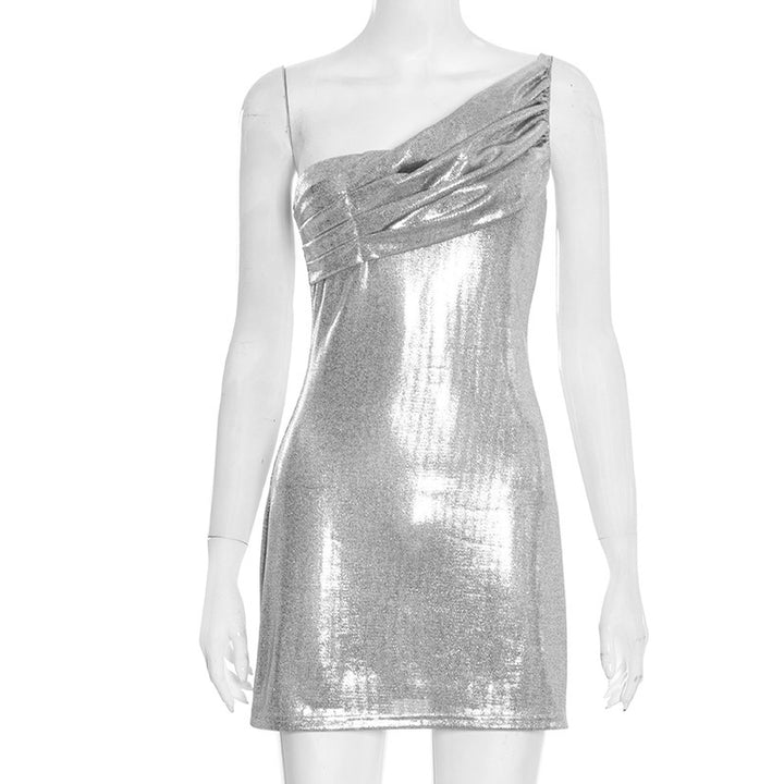 Damen schimmerndes Mini-Etuikleid mit asymmetrischen Trägern und elegantem Drapierungsdetail Drune