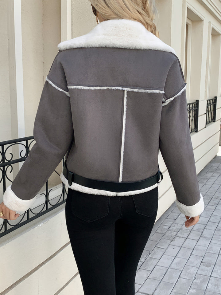 Damen modische Lederjacke mit Kunstfellkragen und Gürtel Drune