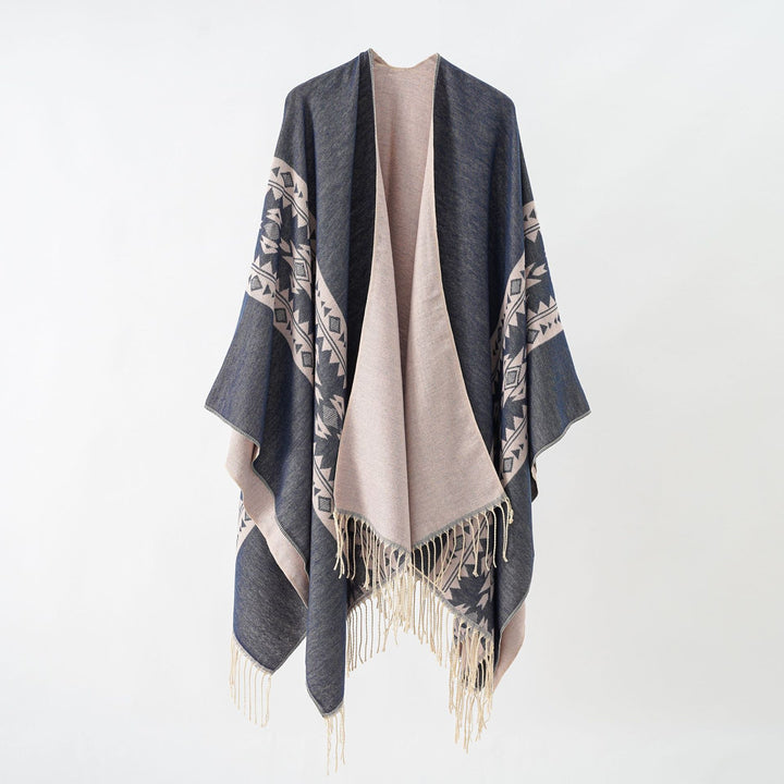 Damen eleganter Strickponcho mit kunstvollen Fransen und floralen Akzenten Drune