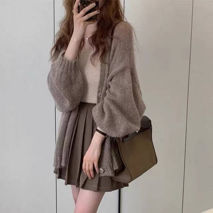 Damen Flauschiger Strickcardigan mit voluminösen Ärmeln und Knopfdetails Drune