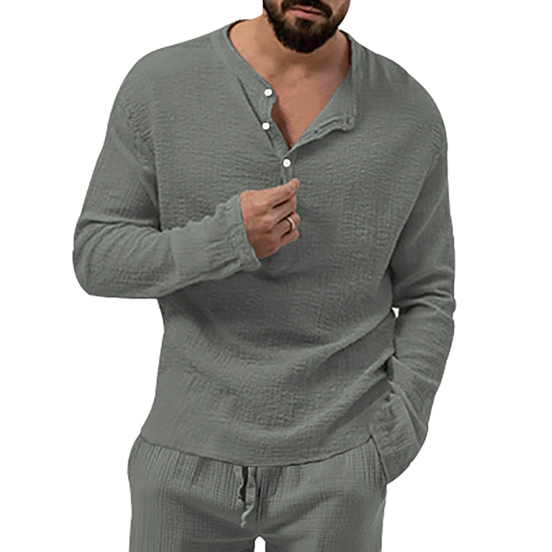 Herren nan entspanntes Henley-Set aus leichter Baumwoll-Gauze mit Kordelbundhose Drune