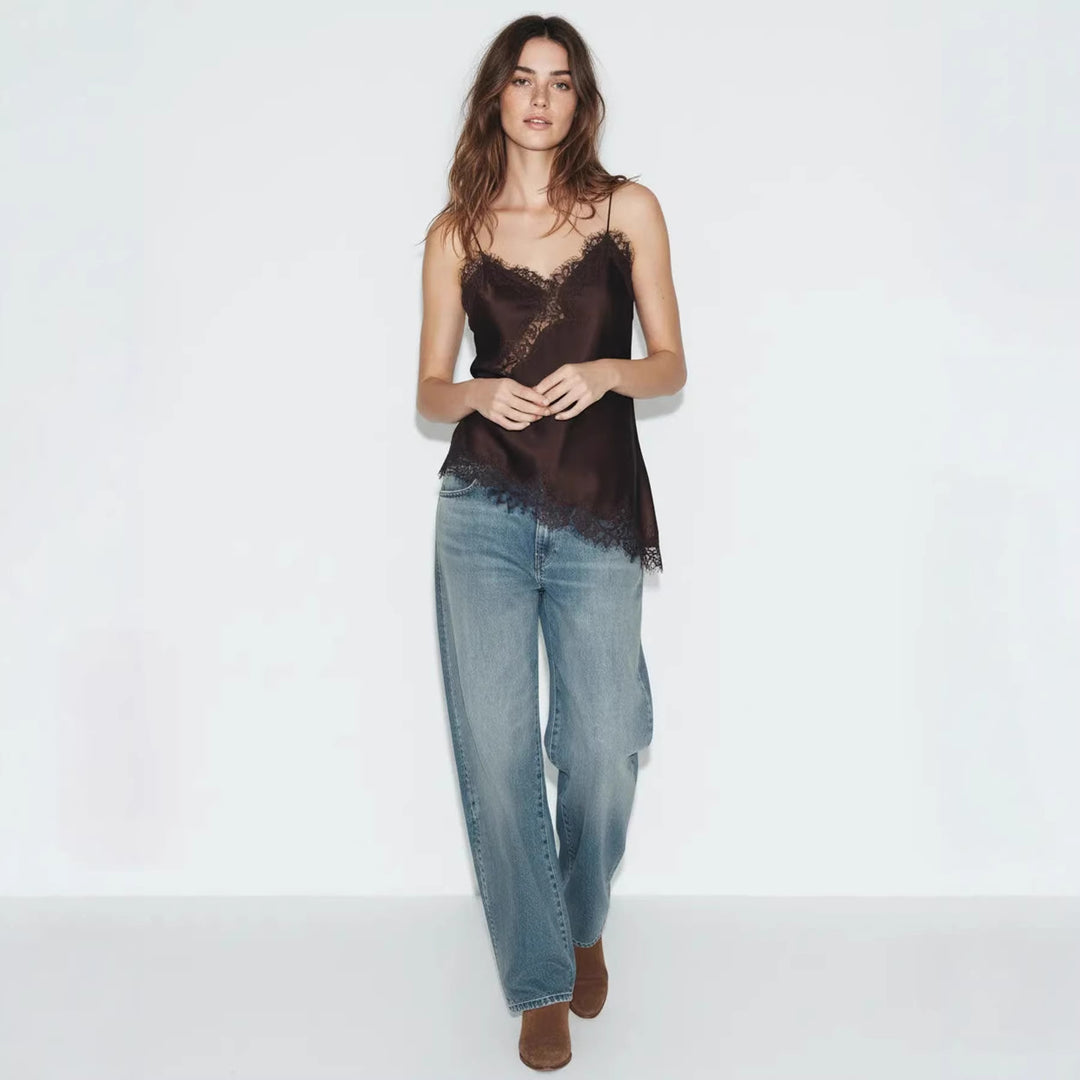 Damen Satin Top mit eleganter Spitze und Spaghettiträger Drune