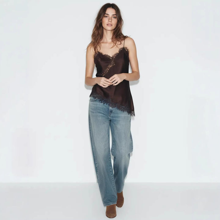 Damen Satin Top mit eleganter Spitze und Spaghettiträger Drune