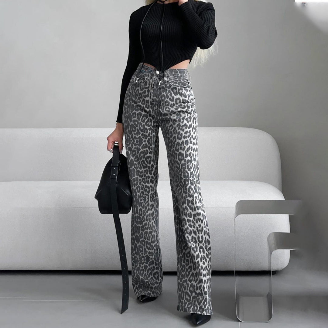 Damen Flared Jeans im trendigen Leopardenmuster mit hohem Bund Drune