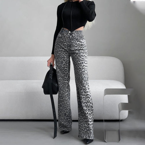Damen Flared Jeans im trendigen Leopardenmuster mit hohem Bund Drune