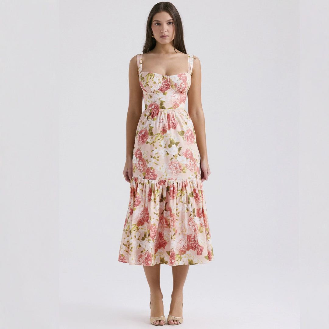 Damen Floral gemustertes Maxikleid mit tailliertem Oberteil und Volantrock Drune