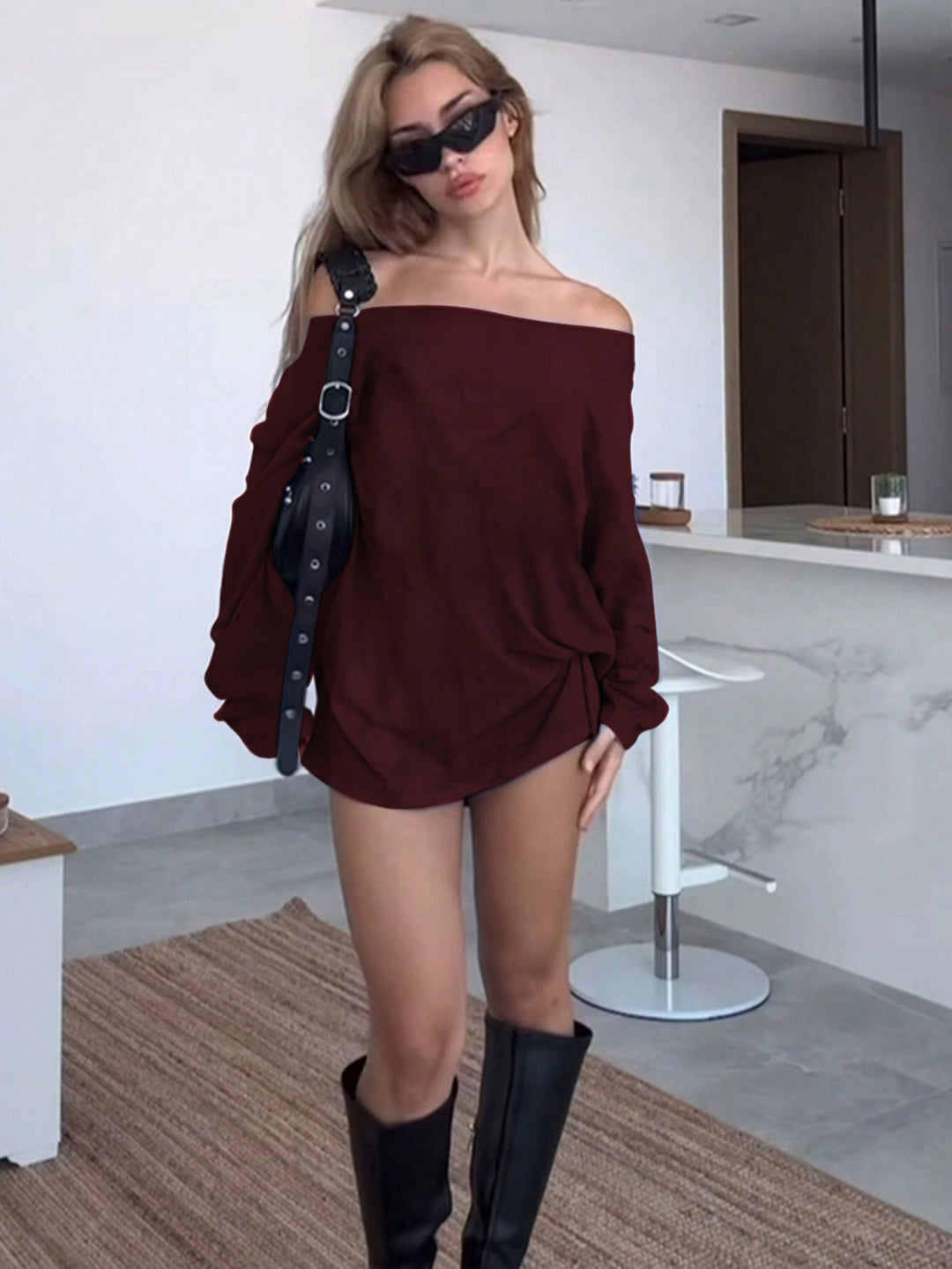 Damen Off-Shoulder Bluse mit Lockere Passform und Knötchen-Detail Drune