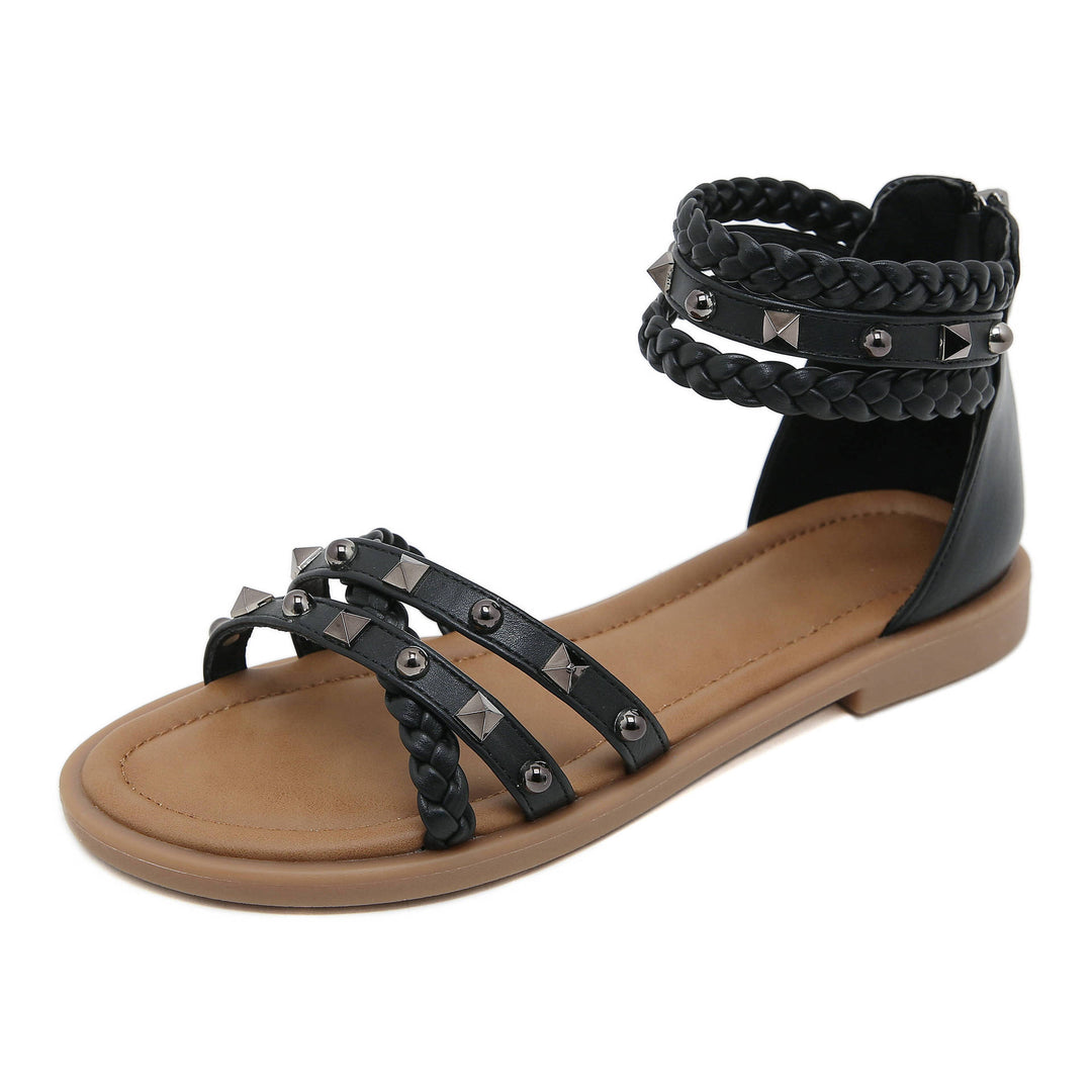 Damen Sandalen mit geflochtenen Riemen und modischen Nieten Drune