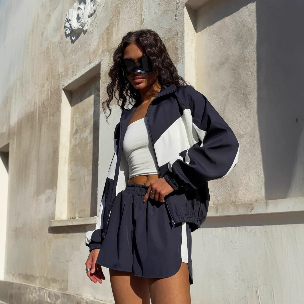 Damen nan lässiges Athleisure-Set mit windabweisender Kurzjacke, Stehkragen und elastischen Highwaist-Shorts Drune