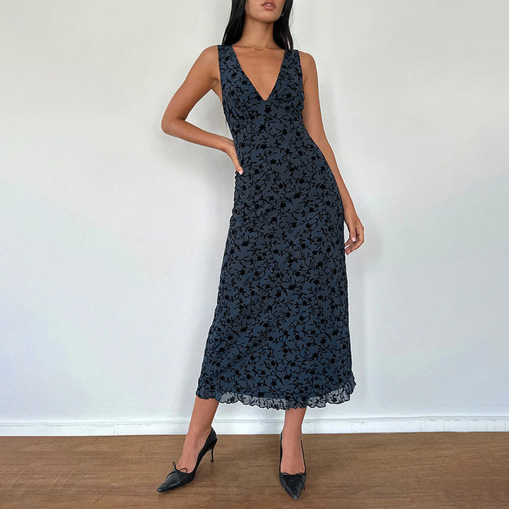 Damen Maxikleid mit floralem Spitzenmuster und tiefem V-Ausschnitt Drune