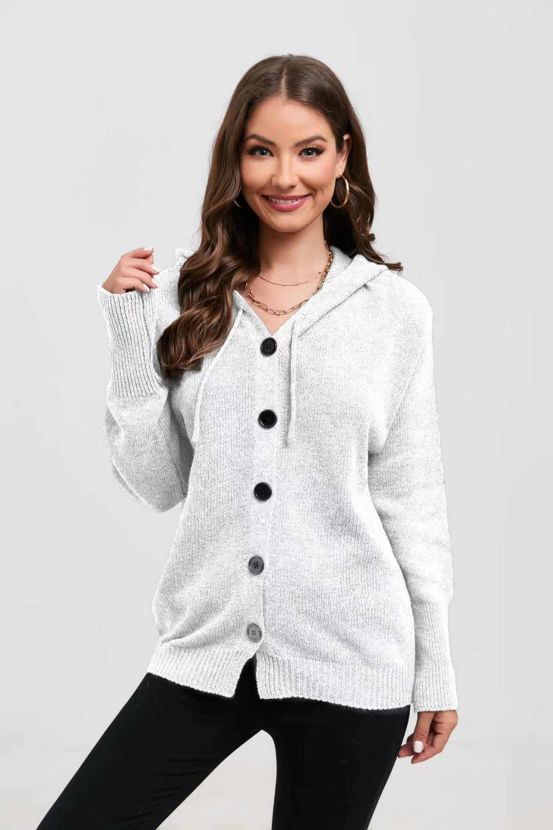 Damen Kapuzenstrickjacke mit Knopfverschluss und breitem Rippmuster Drune