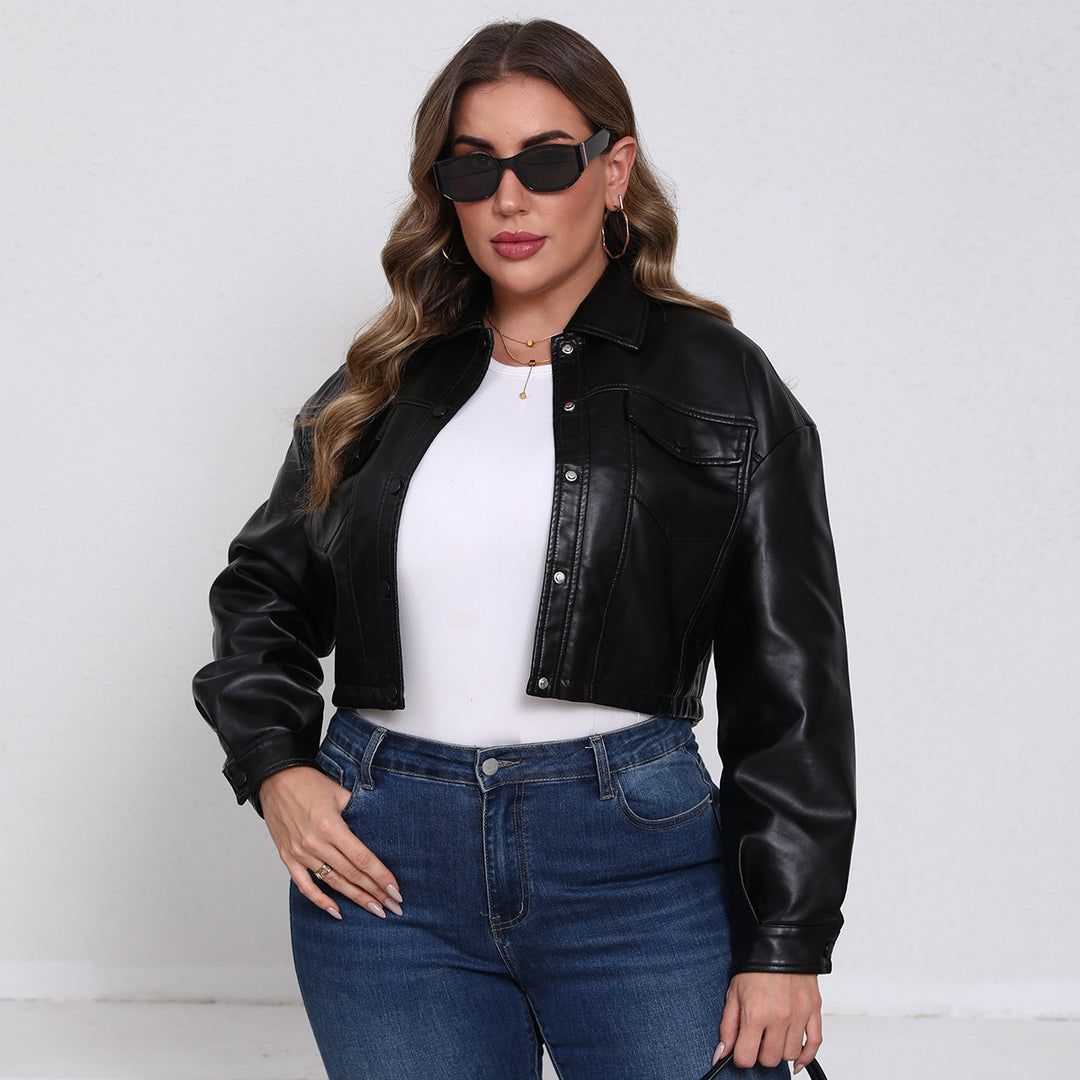Damen nan kurze Oversized-Kunstlederjacke im Trucker-Stil mit Pattentaschen und verdeckter Druckknopfleiste Drune