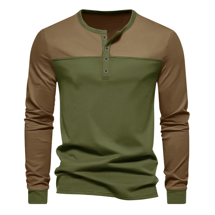 Herren nan modernes Henley-Longsleeve mit Riegelknopfleiste, zweifarbigen Kontrast-Einsatz und gerippten Bündchen Drune