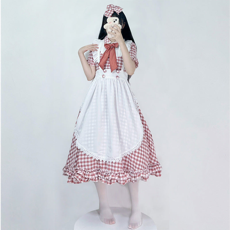 Damen nan vintage-inspiriertes Lolita-Kleid mit Karomuster Volants und abnehmbarer Schürze Drune