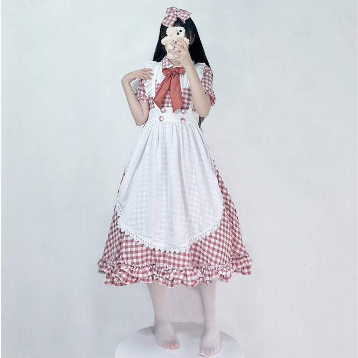 Damen nan vintage-inspiriertes Lolita-Kleid mit Karomuster Volants und abnehmbarer Schürze Drune