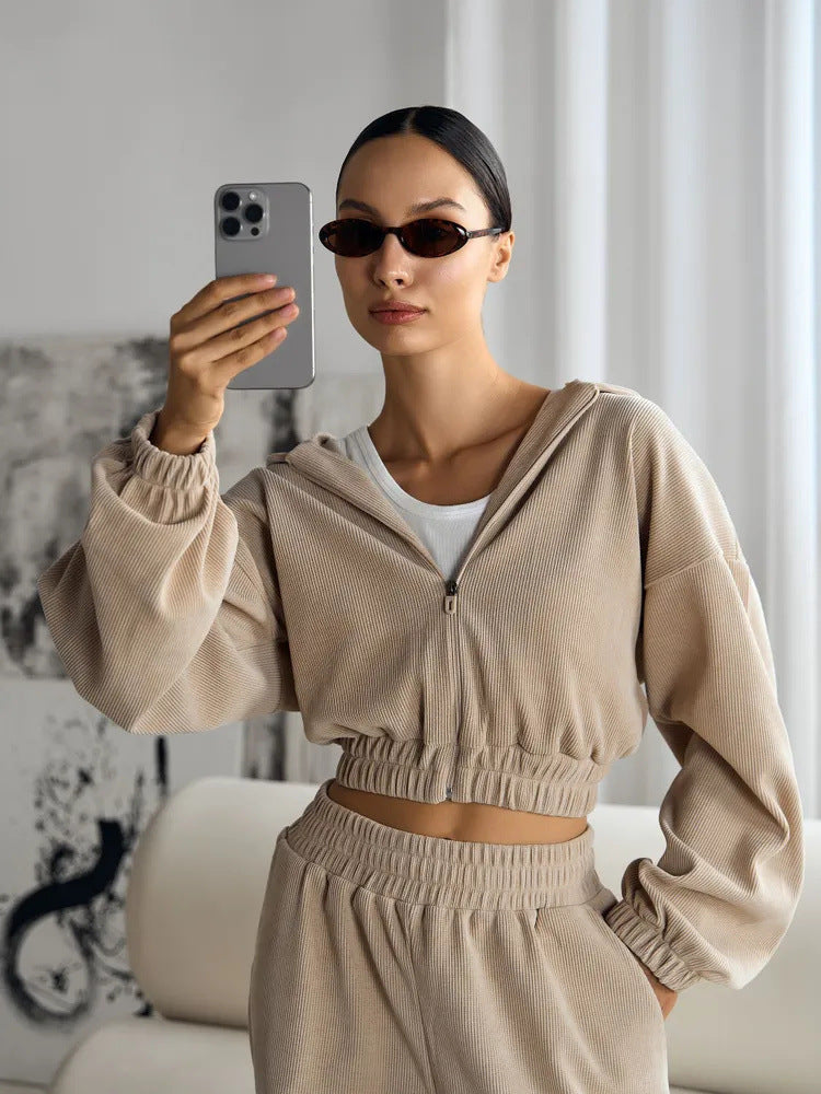 Damen nan kurzes Kapuzen-Loungewear-Set mit durchgehendem Reißverschluss, elastischem Komfortbund und gerippter Struktur Drune