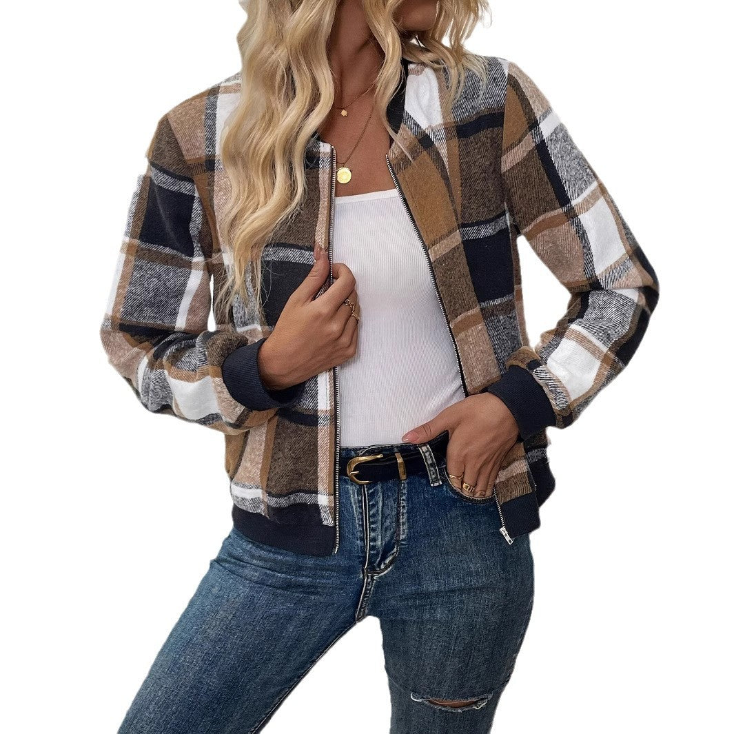 Damen Karomuster Fleecejacke mit Modellierkragen und Reißverschluss Drune