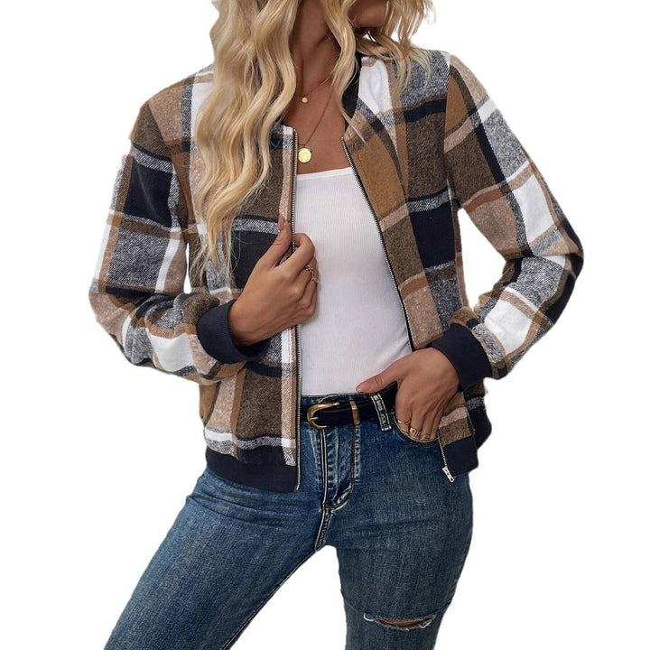 Damen Karomuster Fleecejacke mit Modellierkragen und Reißverschluss Drune