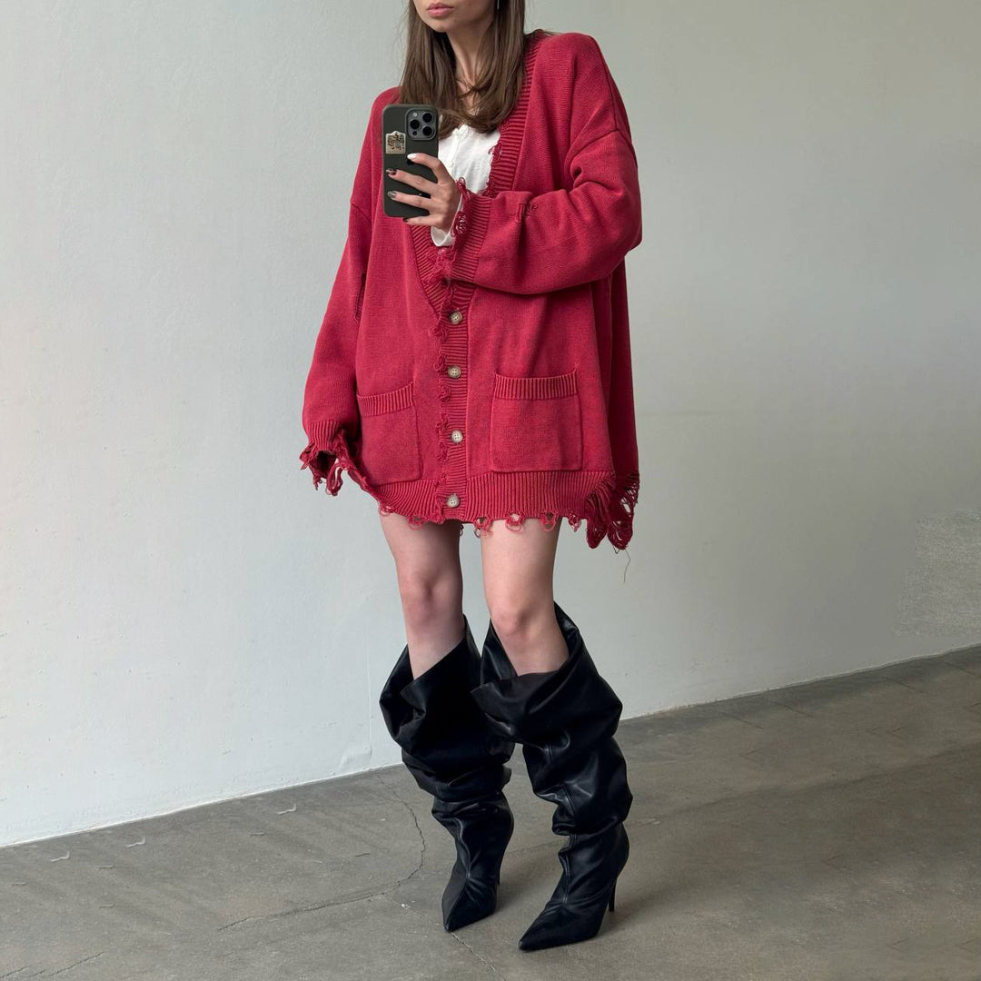 Damen Lässige Strickjacke mit vintage-inspirierten Fransen Drune